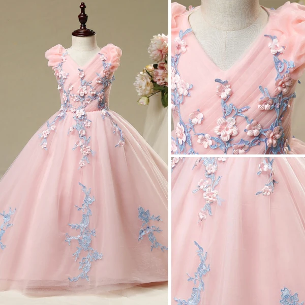 Chic / Beautiful Hall Wedding Party Dresses 2017 Flower Girl Dresses Blushing Pink Ball Gown Chapel Train V-Neck Sleeveless Flower Appliques Pearl
