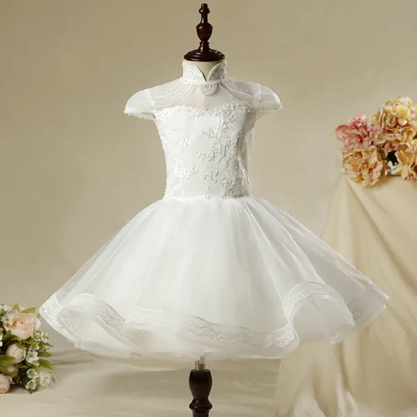 Chinese style Church Wedding Party Dresses 2017 Flower Girl Dresses White Short Ball Gown Cascading Ruffles Short Sleeve Beading High Neck Lace Appliques Flower