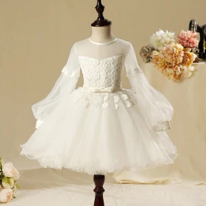 Chic Belle Église Robe Pour Mariage 2017 Robe Ceremonie Fille Blanche Robe Boule Longueur Cheville Noeud Ceinture Manches Longues Encolure Dégagée Fleur Appliques