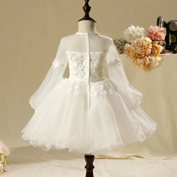 Chic / Beautiful Church Wedding Party Dresses 2017 Flower Girl Dresses White Ball Gown Ankle Length Bow Sash Long Sleeve Scoop Neck Flower Appliques