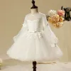 Chic / Beautiful Church Wedding Party Dresses 2017 Flower Girl Dresses White Ball Gown Ankle Length Bow Sash Long Sleeve Scoop Neck Flower Appliques