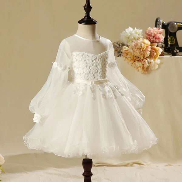 Chic / Beautiful Church Wedding Party Dresses 2017 Flower Girl Dresses White Ball Gown Ankle Length Bow Sash Long Sleeve Scoop Neck Flower Appliques