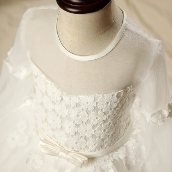 Chic / Beautiful Church Wedding Party Dresses 2017 Flower Girl Dresses White Ball Gown Ankle Length Bow Sash Long Sleeve Scoop Neck Flower Appliques