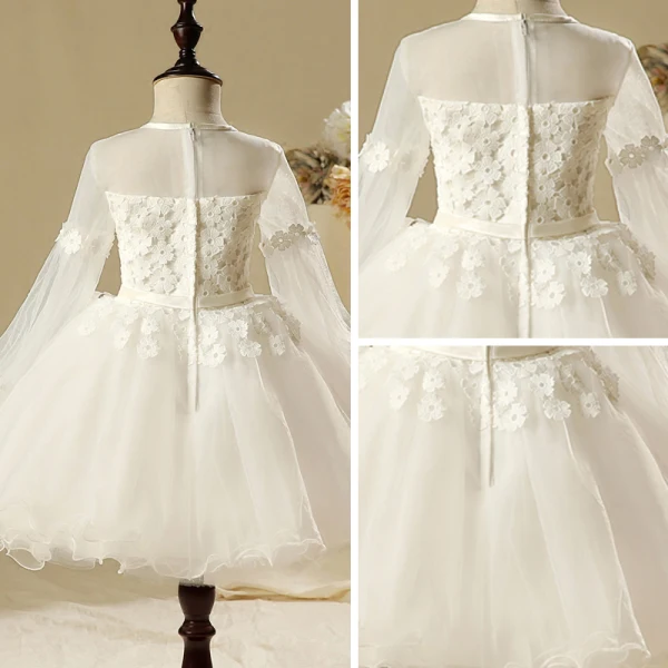 Chic / Beautiful Church Wedding Party Dresses 2017 Flower Girl Dresses White Ball Gown Ankle Length Bow Sash Long Sleeve Scoop Neck Flower Appliques