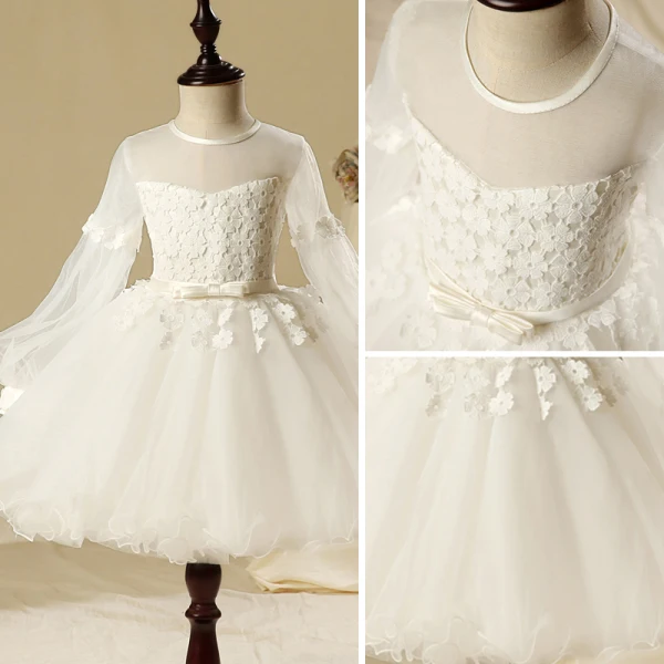 Chic / Beautiful Church Wedding Party Dresses 2017 Flower Girl Dresses White Ball Gown Ankle Length Bow Sash Long Sleeve Scoop Neck Flower Appliques