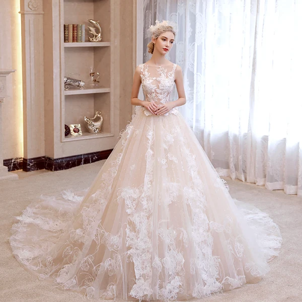 Sexy Church Wedding Dresses 2017 Champagne A-Line / Princess Glitter Cathedral Train Backless Square Neckline Sleeveless Appliques Flower