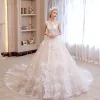 Sexy Church Wedding Dresses 2017 Champagne A-Line / Princess Glitter Cathedral Train Backless Square Neckline Sleeveless Appliques Flower