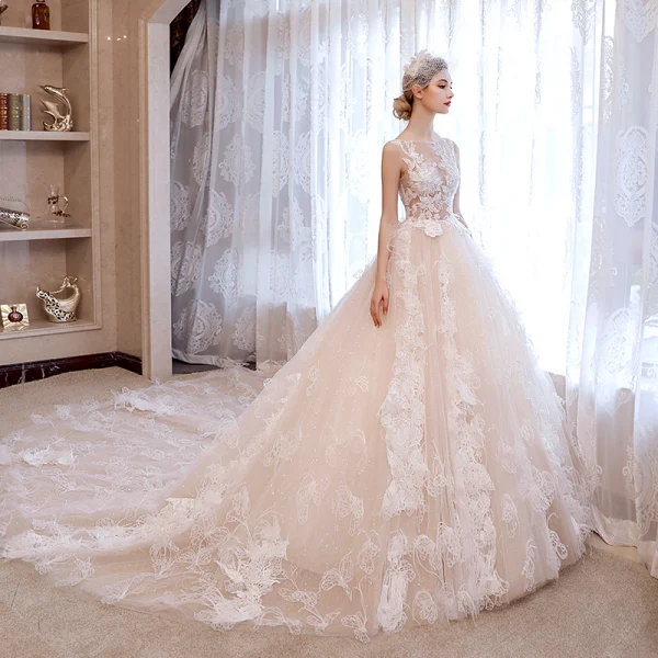 Sexy Church Wedding Dresses 2017 Champagne A-Line / Princess Glitter Cathedral Train Backless Square Neckline Sleeveless Appliques Flower