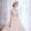 Sexy Church Wedding Dresses 2017 Champagne A-Line / Princess Glitter Cathedral Train Backless Square Neckline Sleeveless Appliques Flower