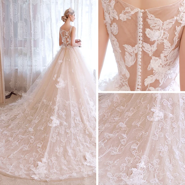 Sexy Church Wedding Dresses 2017 Champagne A-Line / Princess Glitter Cathedral Train Backless Square Neckline Sleeveless Appliques Flower