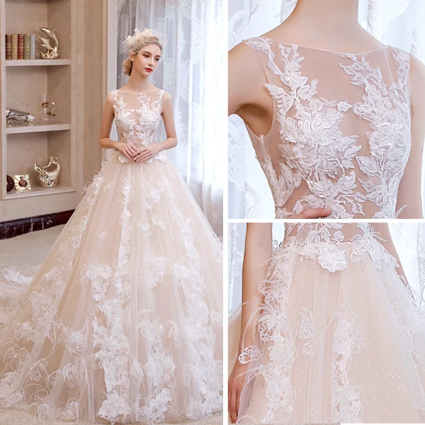 Sexy Church Wedding Dresses 2017 Champagne A-Line / Princess Glitter Cathedral Train Backless Square Neckline Sleeveless Appliques Flower
