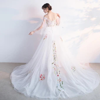 Amazing Unique Hall Formal Dresses 2017 Prom Dresses A Line Princess Cathedral Train Cascading Ruffles V Neck Long Sleeve Backless Appliques Flower