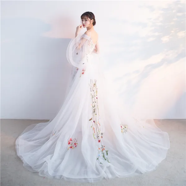 Amazing / Unique Hall Formal Dresses 2017 Prom Dresses A-Line / Princess Cathedral Train Cascading Ruffles V-Neck Long Sleeve Backless Appliques Flower