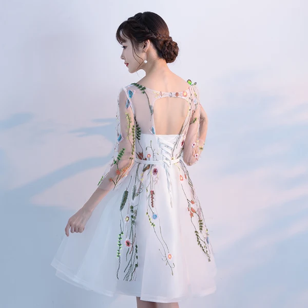 Chic / Belle Robe De Graduation 2017 Courte Princesse Volants en Cascade Encolure Dégagée 3/4 Manches Dos Nu Ceinture Appliques Fleur Robe De Ceremonie