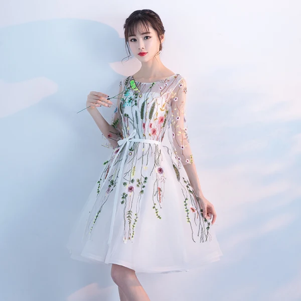 Chic / Belle Robe De Graduation 2017 Courte Princesse Volants en Cascade Encolure Dégagée 3/4 Manches Dos Nu Ceinture Appliques Fleur Robe De Ceremonie