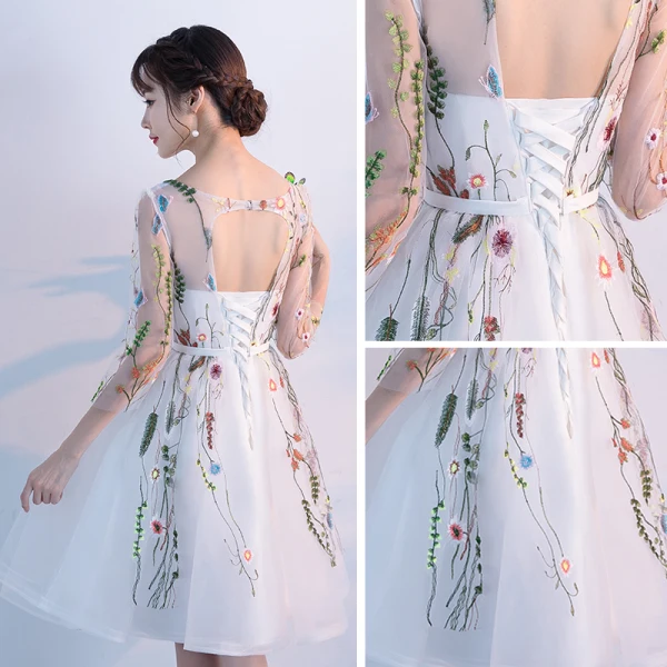 Chic / Belle Robe De Graduation 2017 Courte Princesse Volants en Cascade Encolure Dégagée 3/4 Manches Dos Nu Ceinture Appliques Fleur Robe De Ceremonie