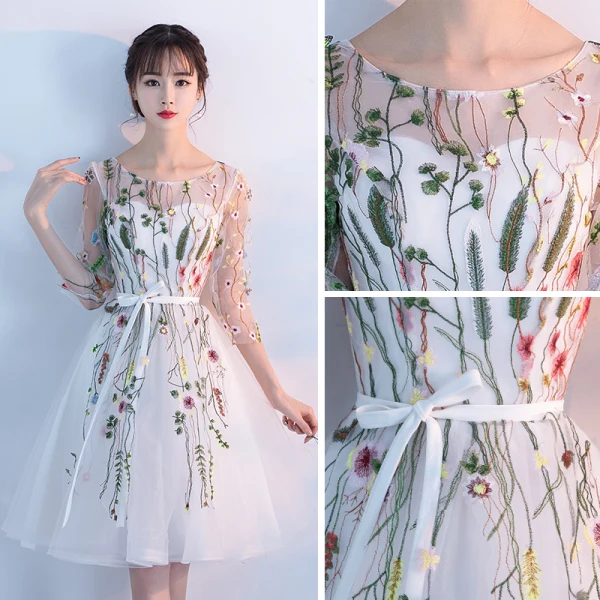 Chic / Belle Robe De Graduation 2017 Courte Princesse Volants en Cascade Encolure Dégagée 3/4 Manches Dos Nu Ceinture Appliques Fleur Robe De Ceremonie