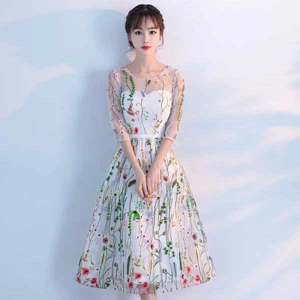 Chic / Beautiful Hall Formal Dresses 2017 Graduation Dresses White  Tea-length A-Line / Princess Scoop Neck