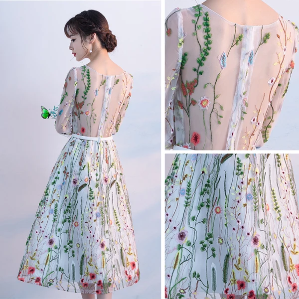 Chic / Belle Salle Robe De Ceremonie 2017 Robe De Graduation Blanche Thé Longueur Princesse Encolure Dégagée Dos Nu 1/2 Manches Appliques Fleur