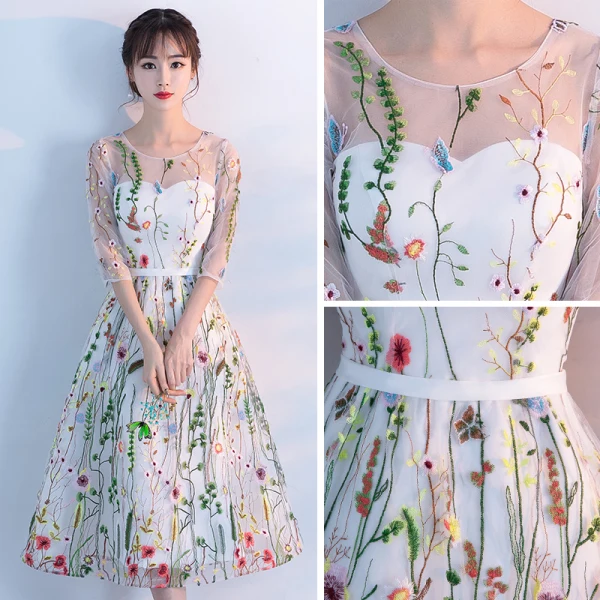 Chic / Belle Salle Robe De Ceremonie 2017 Robe De Graduation Blanche Thé Longueur Princesse Encolure Dégagée Dos Nu 1/2 Manches Appliques Fleur
