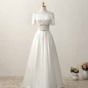 2 Piece Outdoor Garden Wedding Dresses 2017 White A Line Princess Floor Length Long Square Neckline Short Sleeve Sequins Lace Appliques Rhinestone