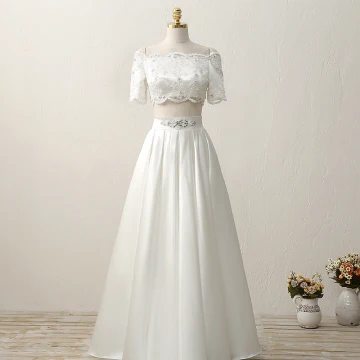 2 Piece Outdoor Garden Wedding Dresses 2017 White A Line Princess Floor Length Long Square Neckline Short Sleeve Sequins Lace Appliques Rhinestone
