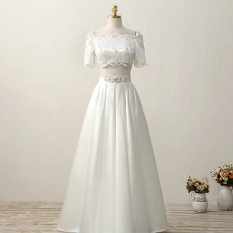 2 Pièces Jardin Extérieur Robe De Mariée 2017 Blanche Princesse Longue Encolure Carrée Manches Courtes Paillettes En Dentelle Appliques Faux Diamant