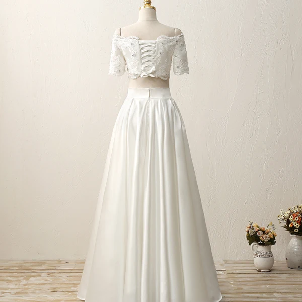 2 Piece Outdoor / Garden Wedding Dresses 2017 White A-Line / Princess Floor-Length / Long Square Neckline Short Sleeve Sequins Lace Appliques Rhinestone