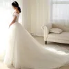 Discount Ivory Wedding Dresses 2018 A-Line / Princess Off-The-Shoulder Short Sleeve Lace Appliques Beading Backless Ruffle Cathedral Train