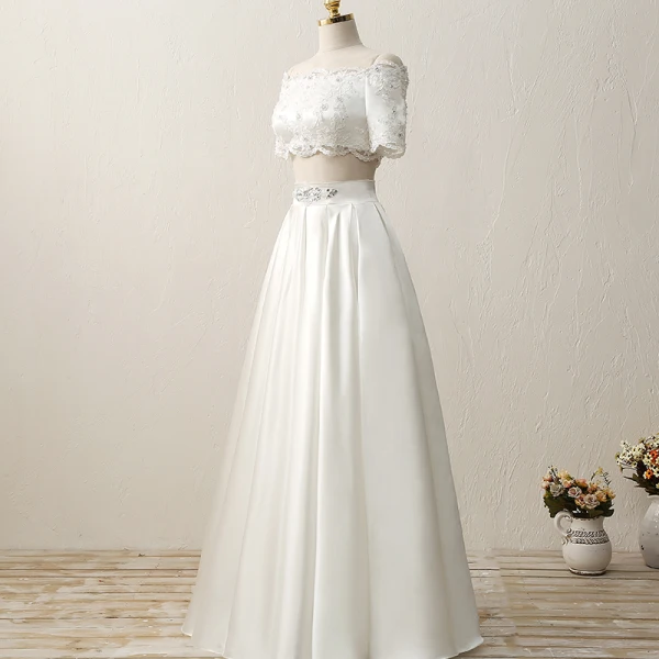 2 Piece Outdoor / Garden Wedding Dresses 2017 White A-Line / Princess Floor-Length / Long Square Neckline Short Sleeve Sequins Lace Appliques Rhinestone