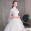 Vintage Ivory See-through Wedding Dresses 2018 Ball Gown High Neck 3/4 Sleeve Backless Appliques Flower Beading Pearl Ruffle Court Train