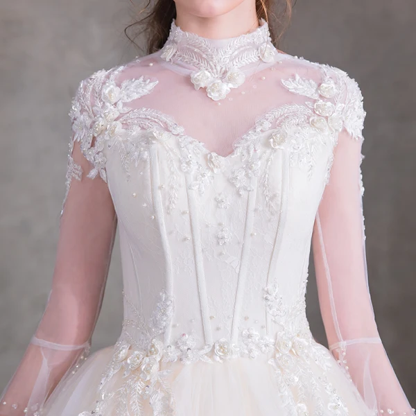 Vintage Ivory See-through Wedding Dresses 2018 Ball Gown High Neck 3/4 Sleeve Backless Appliques Flower Beading Pearl Ruffle Court Train