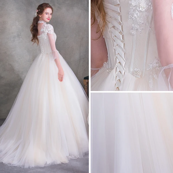 Vintage Ivory See-through Wedding Dresses 2018 Ball Gown High Neck 3/4 Sleeve Backless Appliques Flower Beading Pearl Ruffle Court Train