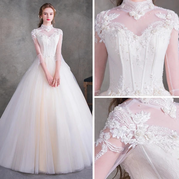 Vintage Ivory See-through Wedding Dresses 2018 Ball Gown High Neck 3/4 Sleeve Backless Appliques Flower Beading Pearl Ruffle Court Train