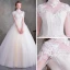Vintage Ivory See-through Wedding Dresses 2018 Ball Gown High Neck 3/4 Sleeve Backless Appliques Flower Beading Pearl Ruffle Court Train