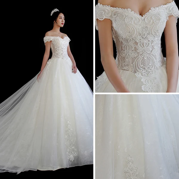 Rabatt Elfenben Bröllopsklänningar 2018 Prinsessa Av Axeln Korta ärm Spets Appliqués Beading Halterneck Ruffle Cathedral Train