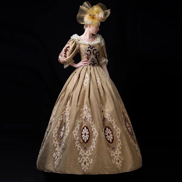 Vintage / Retro Medieval Gold Ball Gown Prom Dresses 2021 U-Neck Zipper Up Long Sleeve Floor-Length / Long Embroidered 3D Lace Cosplay Prom Formal Dresses