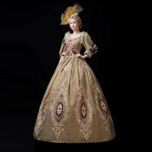 Vintage Retro Medieval Gold Ball Gown Prom Dresses 2021 U Neck Zipper Up Long Sleeve Floor Length Long Embroidered 3d Lace Cosplay Prom Formal Dresses