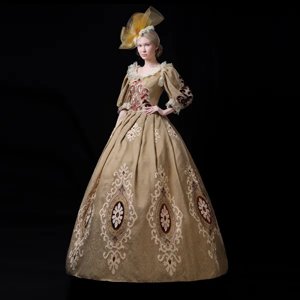 Vintage / Retro Medieval Gold Ball Gown Prom Dresses 2021 U-Neck Zipper Up Long Sleeve Floor-Length / Long Embroidered 3D Lace Cosplay Prom Formal Dresses
