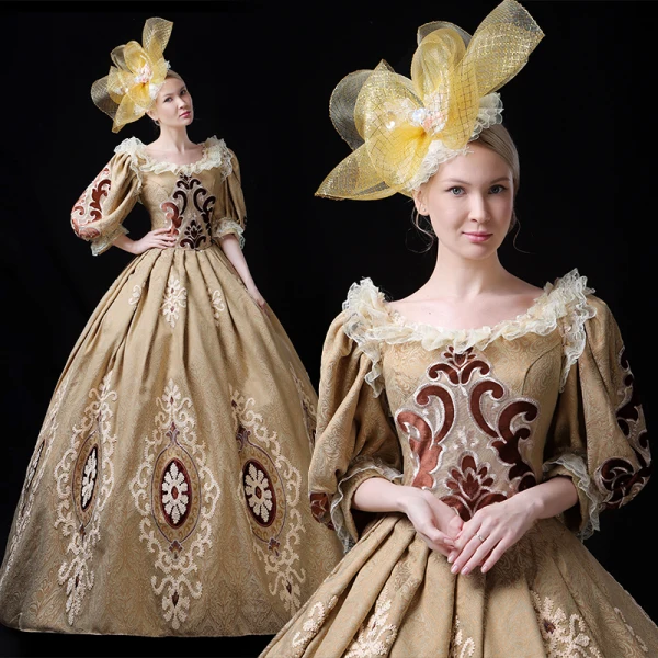 Vintage / Retro Medieval Gold Ball Gown Prom Dresses 2021 U-Neck Zipper Up Long Sleeve Floor-Length / Long Embroidered 3D Lace Cosplay Prom Formal Dresses