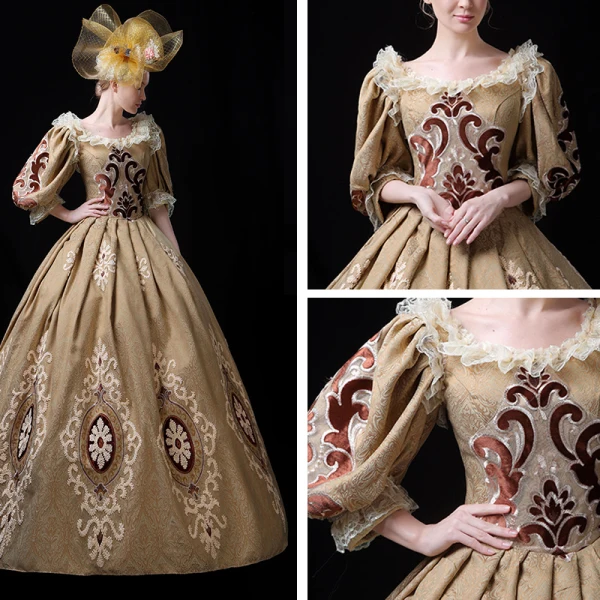 Vintage / Retro Medieval Gold Ball Gown Prom Dresses 2021 U-Neck Zipper Up Long Sleeve Floor-Length / Long Embroidered 3D Lace Cosplay Prom Formal Dresses