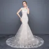 Chic / Beautiful Church Wedding Dresses 2017 White Chapel Train Trumpet / Mermaid Scoop Neck Sleeveless Backless Lace Appliques Rhinestone