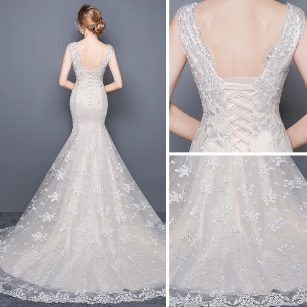 Chic / Belle Église Robe De Mariée 2017 Blanche Chapel Train Trompette / Sirène Encolure Dégagée Sans Manches Dos Nu En Dentelle Appliques Faux Diamant