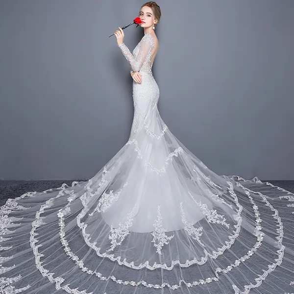 Elegant Church Wedding Dresses 2017 White Trumpet / Mermaid Royal Train V-Neck Long Sleeve Backless Lace Appliques