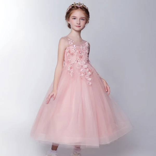 Chic / Beautiful Hall Wedding Party Dresses 2017 Flower Girl Dresses Candy Pink Tea-length Ball Gown Cascading Ruffles Scoop Neck Sleeveless Bow Flower Appliques Sequins Rhinestone