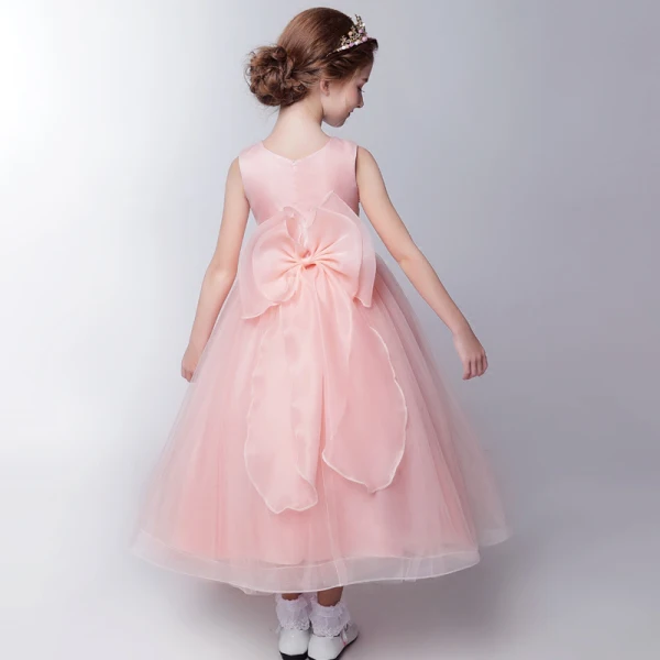 Chic / Beautiful Hall Wedding Party Dresses 2017 Flower Girl Dresses Candy Pink Tea-length Ball Gown Cascading Ruffles Scoop Neck Sleeveless Bow Flower Appliques Sequins Rhinestone