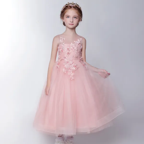 Chic / Beautiful Hall Wedding Party Dresses 2017 Flower Girl Dresses Candy Pink Tea-length Ball Gown Cascading Ruffles Scoop Neck Sleeveless Bow Flower Appliques Sequins Rhinestone