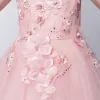 Chic / Beautiful Hall Wedding Party Dresses 2017 Flower Girl Dresses Candy Pink Tea-length Ball Gown Cascading Ruffles Scoop Neck Sleeveless Bow Flower Appliques Sequins Rhinestone