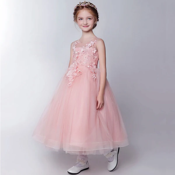 Chic / Beautiful Hall Wedding Party Dresses 2017 Flower Girl Dresses Candy Pink Tea-length Ball Gown Cascading Ruffles Scoop Neck Sleeveless Bow Flower Appliques Sequins Rhinestone
