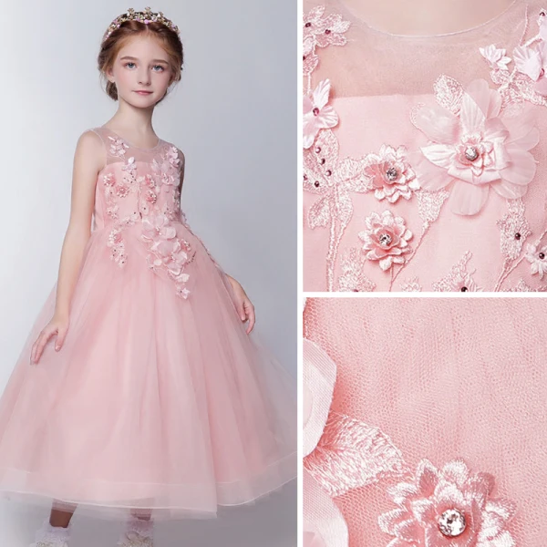 Chic / Beautiful Hall Wedding Party Dresses 2017 Flower Girl Dresses Candy Pink Tea-length Ball Gown Cascading Ruffles Scoop Neck Sleeveless Bow Flower Appliques Sequins Rhinestone
